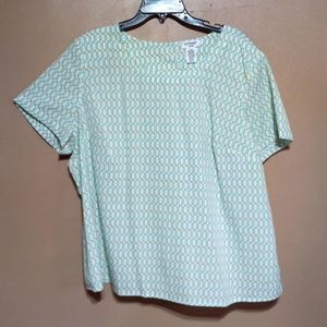 Vintage 90s LIZ BAKER white background green tan artsy print top, sz 22W(3X)